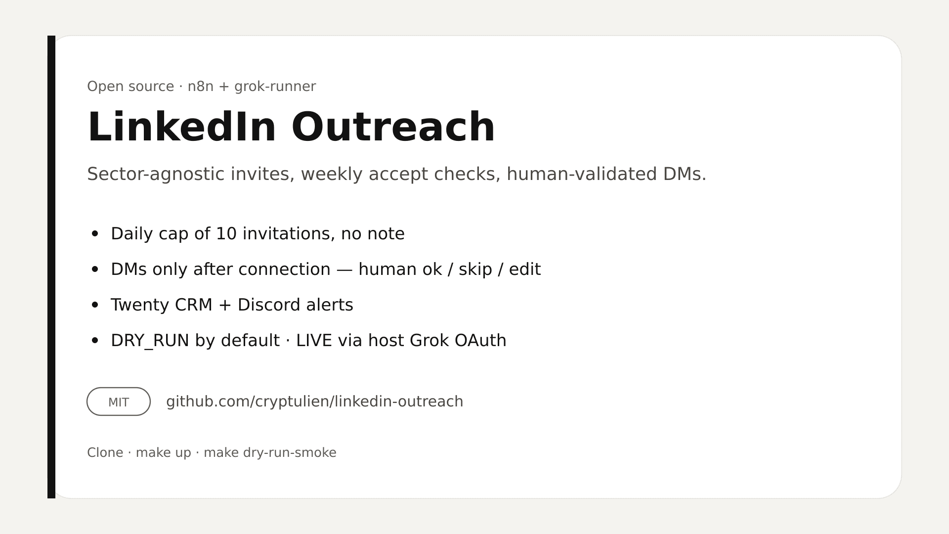 Karukera LinkedIn Outreach card — open source MIT.