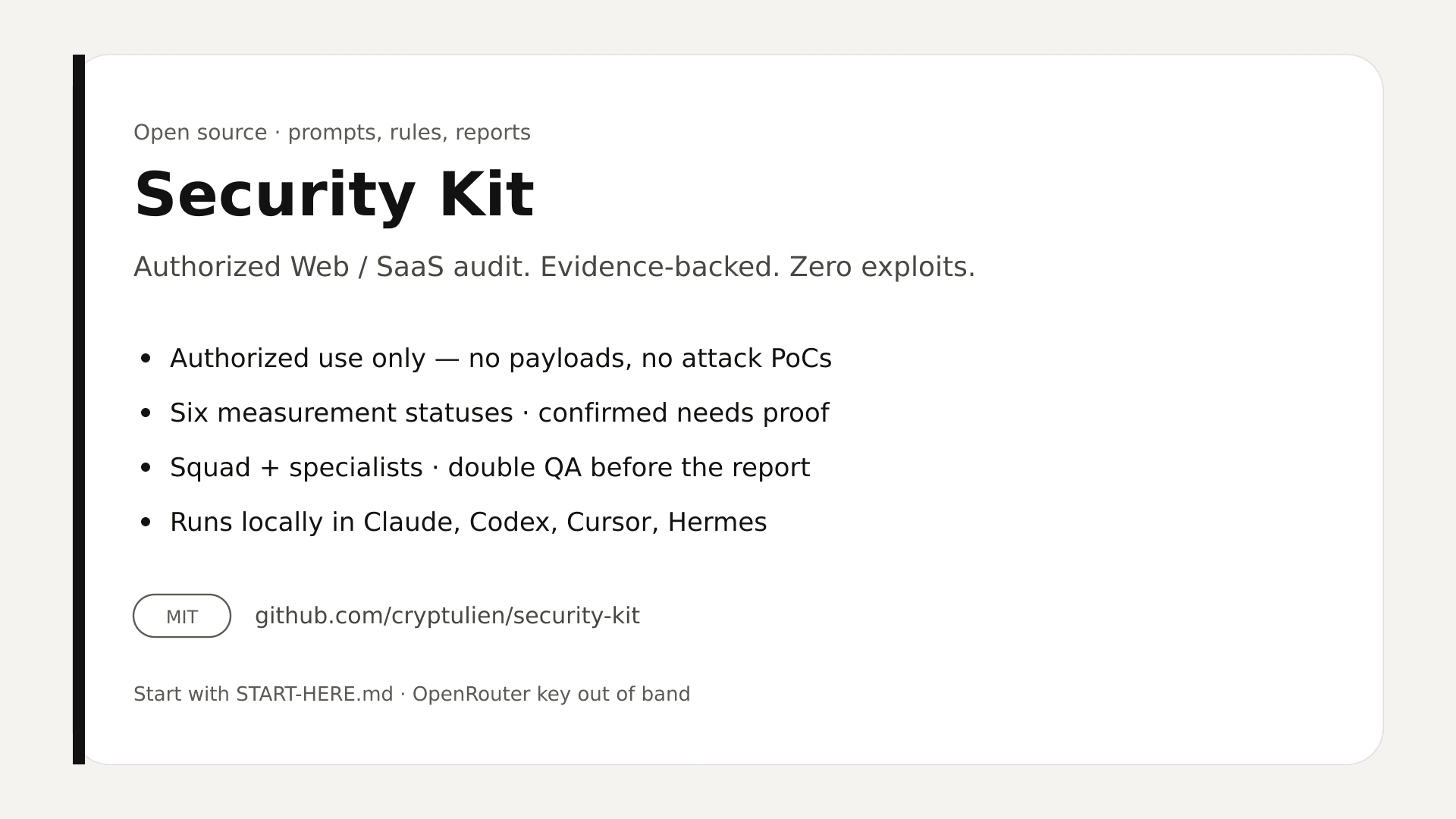 Karukera Security Kit card — open source MIT.